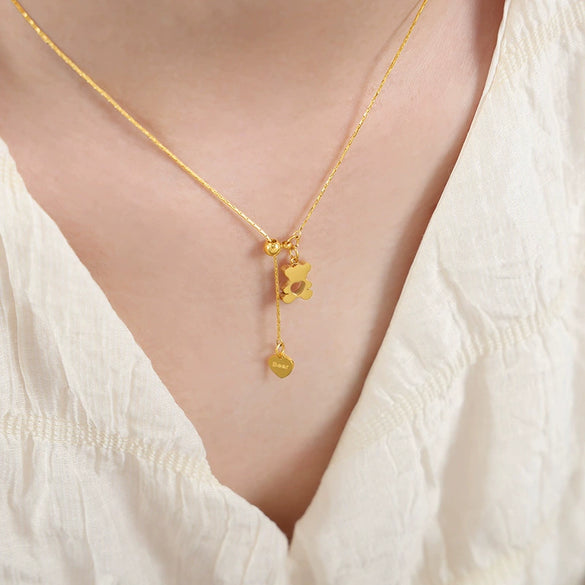 316L Stainless Steel Collarbone Necklace With Geometric Hollow Love Bear Design And Electroplating Treatment