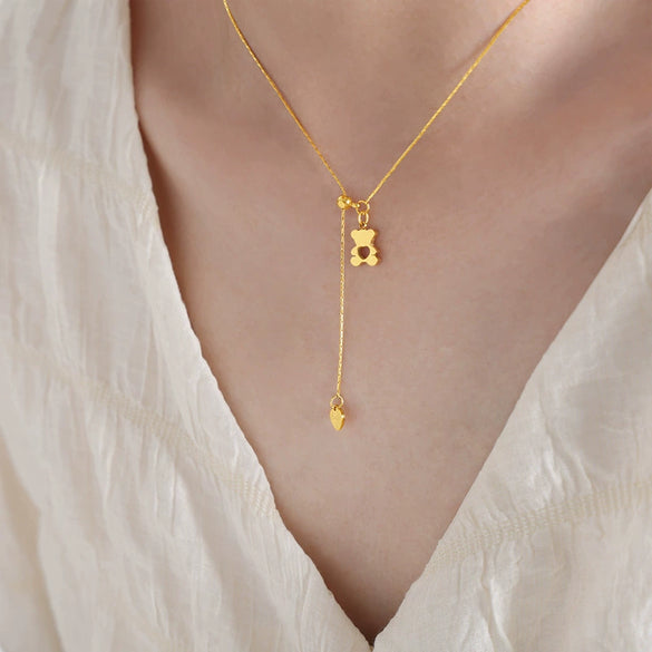 316L Stainless Steel Collarbone Necklace With Geometric Hollow Love Bear Design And Electroplating Treatment