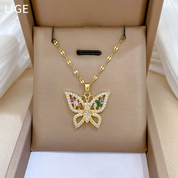Titanium Steel Colorful Butterfly Necklace With Geometric Design And Micropaved Zircon And Real Gold Electroplated Pendant