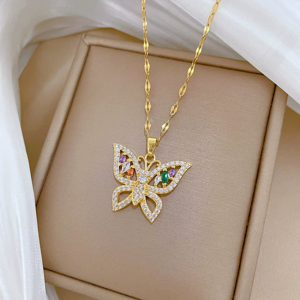 Titanium Steel Colorful Butterfly Necklace With Geometric Design And Micropaved Zircon And Real Gold Electroplated Pendant