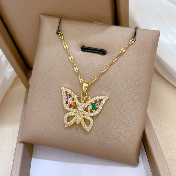 Titanium Steel Colorful Butterfly Necklace With Geometric Design And Micropaved Zircon And Real Gold Electroplated Pendant