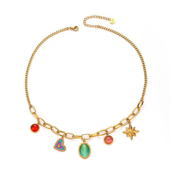 Titanium Steel Colorful Round Pendant Necklace With Eightpointed Star Retro Style Electroplated For Women