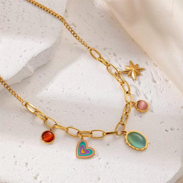 Titanium Steel Colorful Round Pendant Necklace With Eightpointed Star Retro Style Electroplated For Women