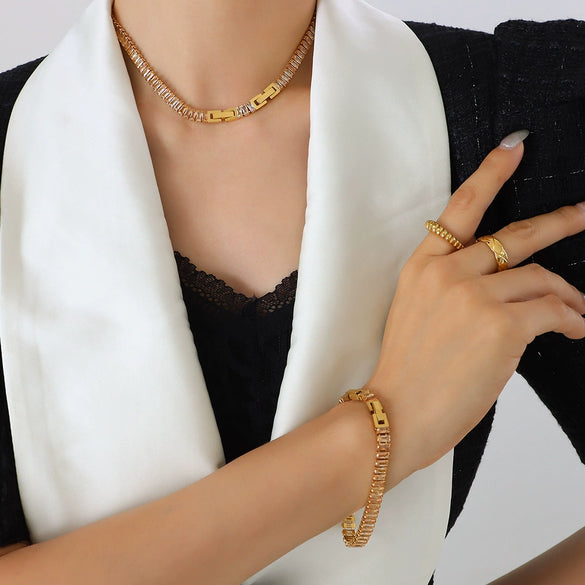 316L Stainless Steel Colorful Zircon Inlay Necklace Bracelet Suit Jewelry For Women Electroplated Elegant Style