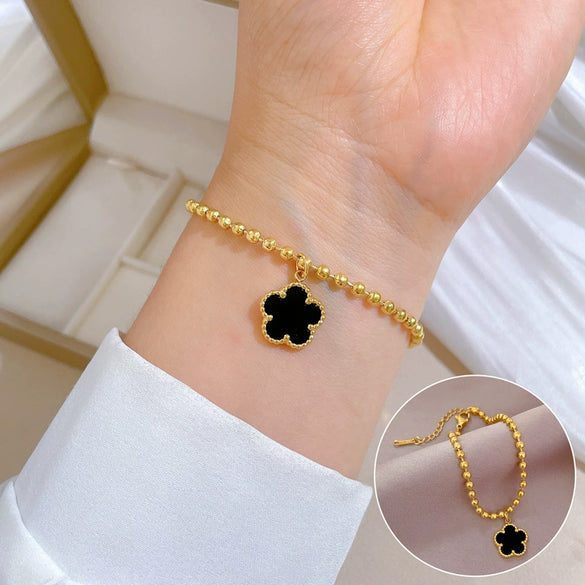 Titanium Steel Constellation Five Leaf Clover Round Bead Gold Inlaid Bracelet For Women