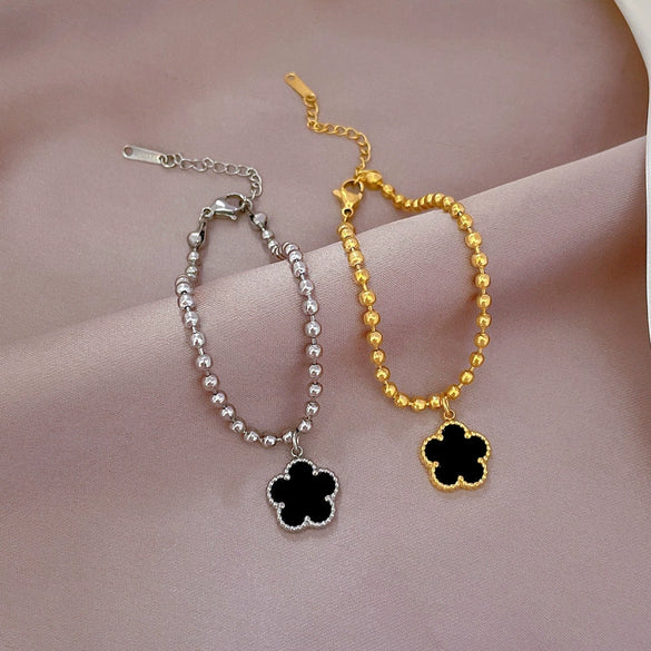 Titanium Steel Constellation Five Leaf Clover Round Bead Gold Inlaid Bracelet For Women