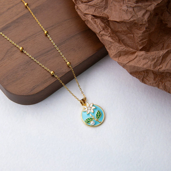 Titanium Steel Copper Daisy Geometric Pendant Necklace With Electroplating And Micro Set Zircon For Women