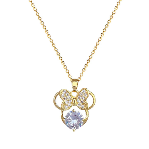 Titanium Steel Copper Gold Plated Inlay Bow Knot Zircon Pendant Necklace