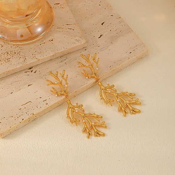 Titanium Steel Coralshaped Earrings With Flower Style Light Luxury Highend Sense