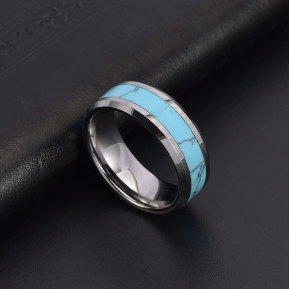 Titanium Steel Couple Ring Minimalist Style Inlaid With Jade