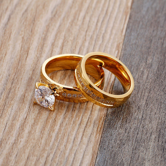 Titanium Steel Couple's Ring With Microinlaid Diamond Hammered Texture And Electroplating