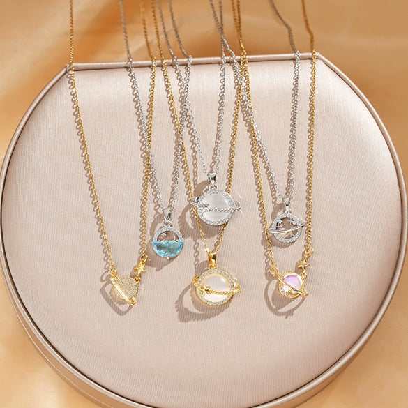 Titanium Steel Cross Chain Women's Minimalist Opal Planet Series Pendant Necklace With Electroplating Design