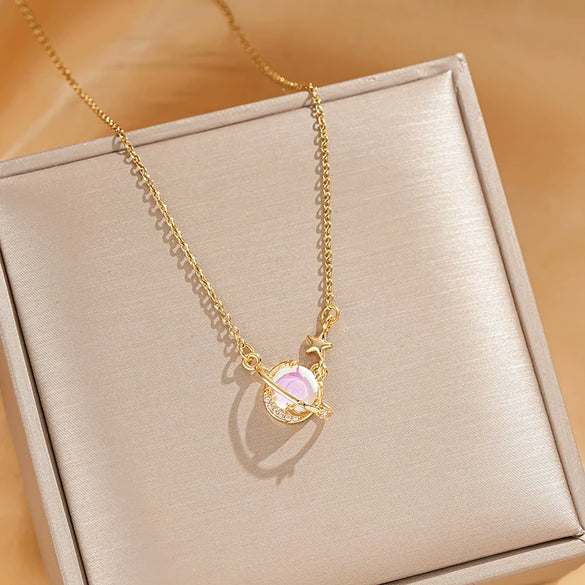 Titanium Steel Cross Chain Women's Minimalist Opal Planet Series Pendant Necklace With Electroplating Design