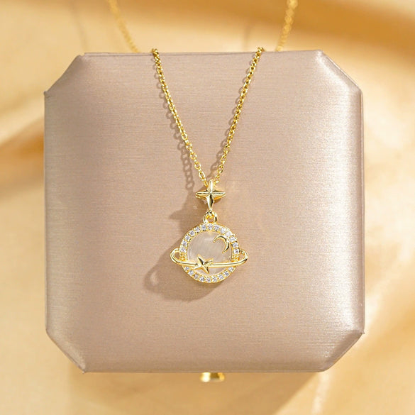 Titanium Steel Cross Chain Women's Minimalist Opal Planet Series Pendant Necklace With Electroplating Design