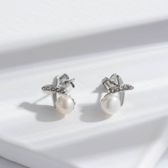 Titanium Steel Cross Pearl Stud Earrings For Women Electroplated Allmatching Style
