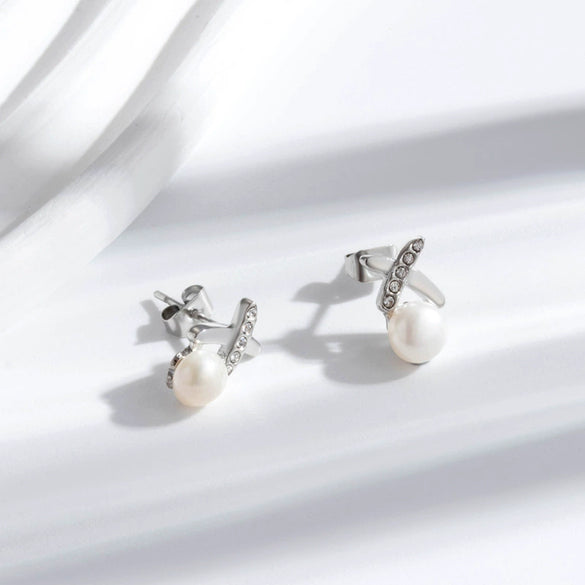 Titanium Steel Cross Pearl Stud Earrings For Women Electroplated Allmatching Style