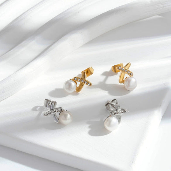 Titanium Steel Cross Pearl Stud Earrings For Women Electroplated Allmatching Style