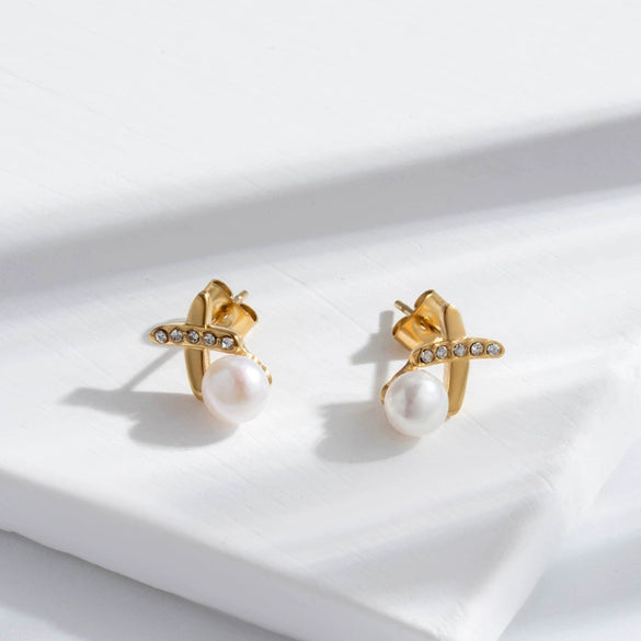 Titanium Steel Cross Pearl Stud Earrings For Women Electroplated Allmatching Style