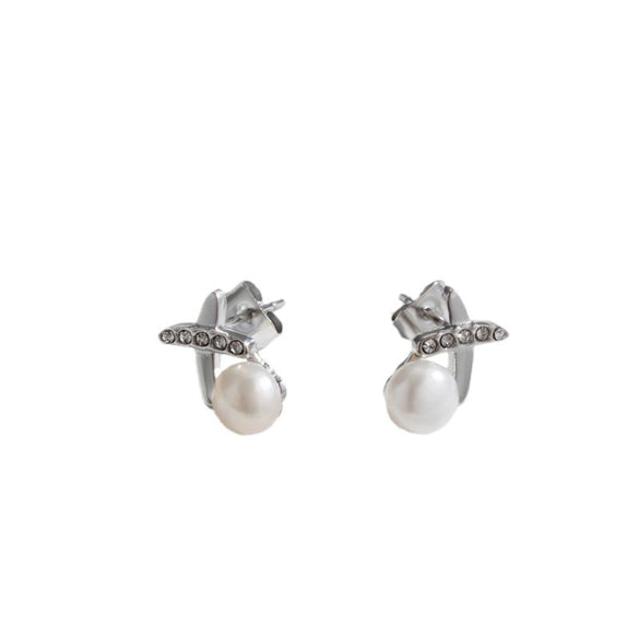 Titanium Steel Cross Pearl Stud Earrings For Women Electroplated Allmatching Style