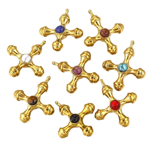 Titanium Steel Cross Pendant Clavicle Chain With Natural Tiger Eye Stone Light Luxury Retro Style