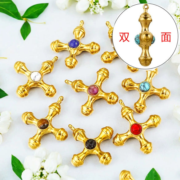 Titanium Steel Cross Pendant Clavicle Chain With Natural Tiger Eye Stone Light Luxury Retro Style
