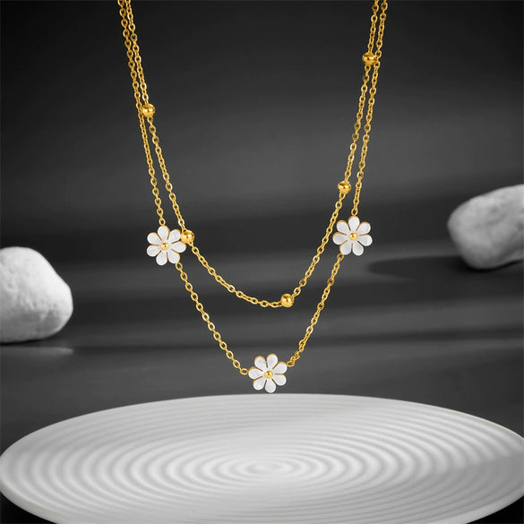 Titanium Steel Daisy Butterfly Double Layer Hip Hop Overlapping Clavicle Chain Necklace With Geometric Pattern And Vacuum Electroplating In Furnace For Women