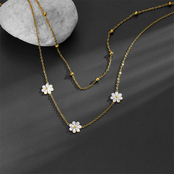 Titanium Steel Daisy Butterfly Double Layer Hip Hop Overlapping Clavicle Chain Necklace With Geometric Pattern And Vacuum Electroplating In Furnace For Women