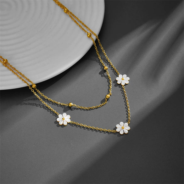 Titanium Steel Daisy Butterfly Double Layer Hip Hop Overlapping Clavicle Chain Necklace With Geometric Pattern And Vacuum Electroplating In Furnace For Women