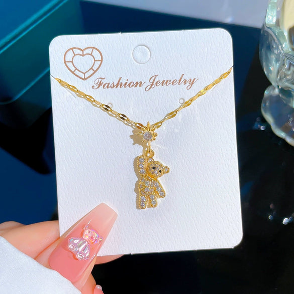 Titanium Steel Diamond Geometric Bear Women's Lucky Ins Cyber Red Clavicle Necklace