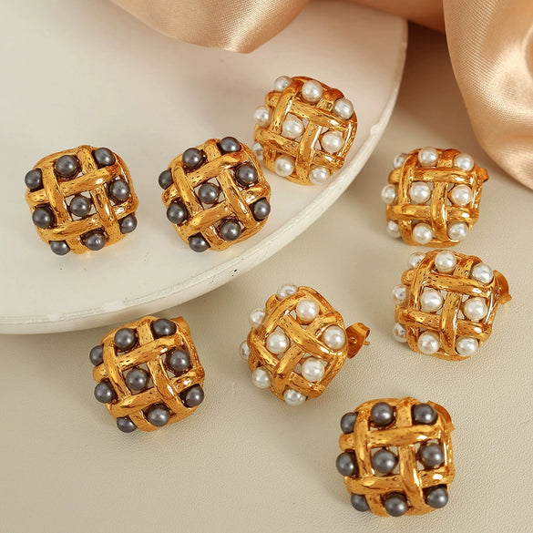 316L Stainless Steel Diamond Pearl Earrings Retro Antique Fashion Electroplating