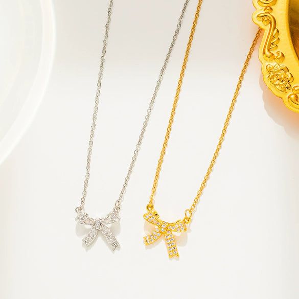 Titanium Steel Diamondencrusted Bow Ochain Necklace With Geometric Design And Electroplating Treatment