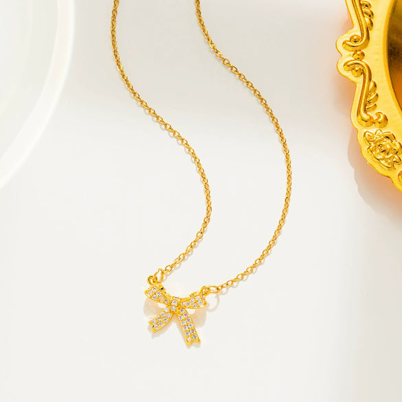 Titanium Steel Diamondencrusted Bow Ochain Necklace With Geometric Design And Electroplating Treatment