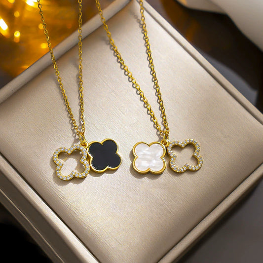 Titanium Steel Diamondencrusted Fourleaf Clover Doublesided Shell Clavicle Ball Chain Necklace Gold Inlaid For Girls Light Luxury Geometric Style