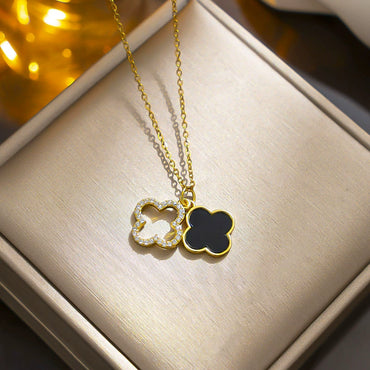 Titanium Steel Diamondencrusted Fourleaf Clover Doublesided Shell Clavicle Ball Chain Necklace Gold Inlaid For Girls Light Luxury Geometric Style