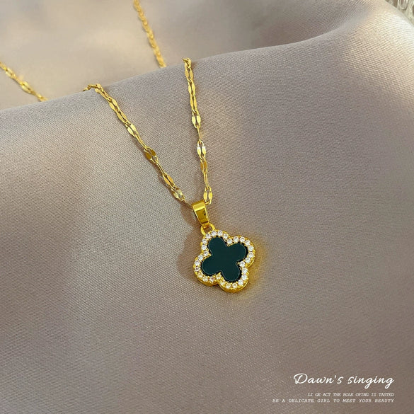Titanium Steel Diamondencrusted Geometric Fourleaf Flower Cartoon Female Clavicle Necklace