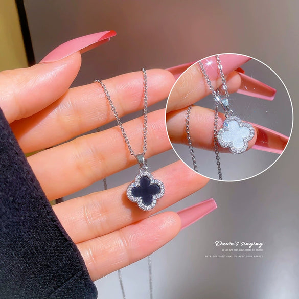 Titanium Steel Diamondencrusted Geometric Fourleaf Flower Cartoon Female Clavicle Necklace