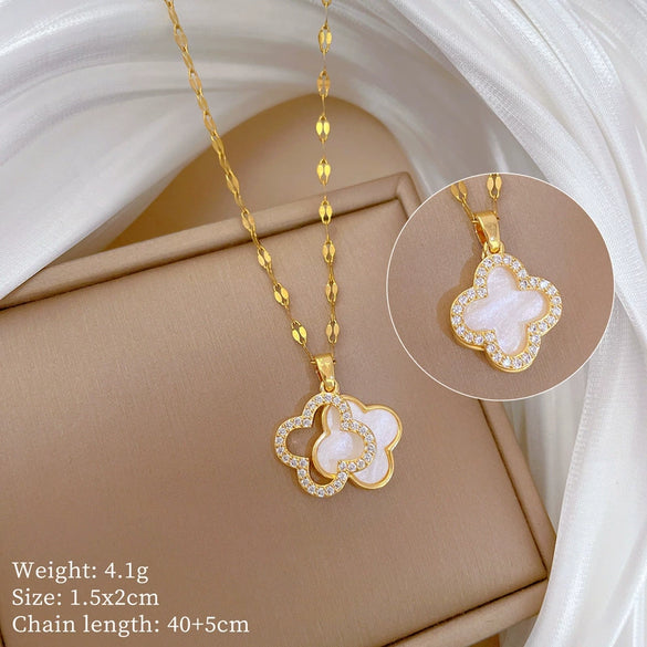 Titanium Steel Diamondencrusted Geometric Fourleaf Flower Cartoonstyle Female Necklace