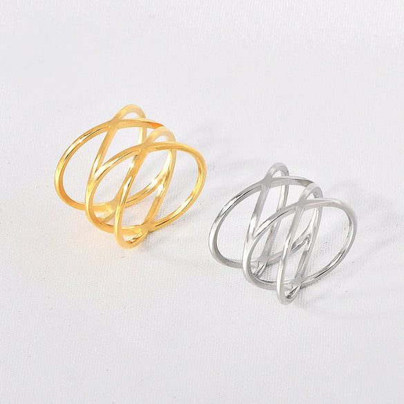 Titanium Steel Double Cross Hollow Geometric Women's Ring Electroplated Hand Jewelry