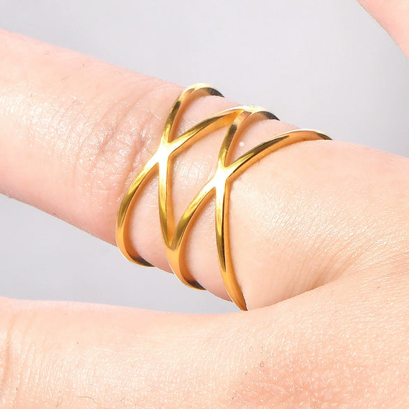 Titanium Steel Double Cross Hollow Geometric Women's Ring Electroplated Hand Jewelry