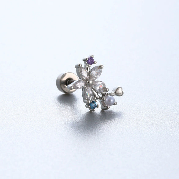 Titanium Steel Double Head Screw Ear Nail With Butterfly Flower And Insect Pattern Lovely Style For Women