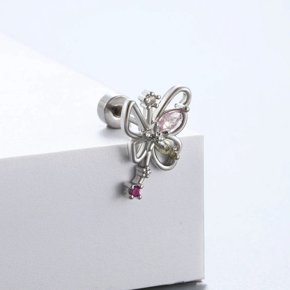 Titanium Steel Double Head Screw Ear Nail With Butterfly Flower And Insect Pattern Lovely Style For Women