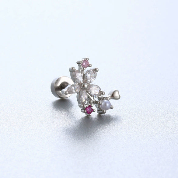 Titanium Steel Double Head Screw Ear Nail With Butterfly Flower And Insect Pattern Lovely Style For Women