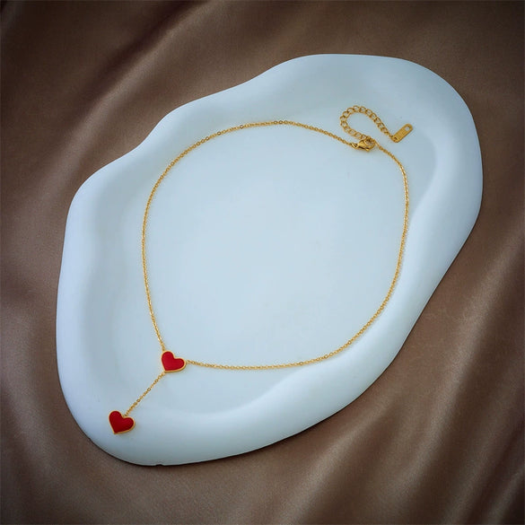 Titanium Steel Double Heart Clavicle Chain With Geometric Pattern And Electroplating Design