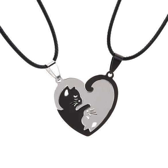 Titanium Steel Double Heart Puzzle Cat Couple Pendant Necklace With Rope Chain Electroplated Simple Unisex Jewelry