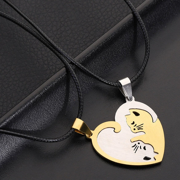 Titanium Steel Double Heart Puzzle Cat Couple Pendant Necklace With Rope Chain Electroplated Simple Unisex Jewelry