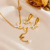 Titanium Steel Double Layer Butterfly Pearl Tassel Necklace And Ear Buckle Set With Love Water Drops Bell Pattern For Women
