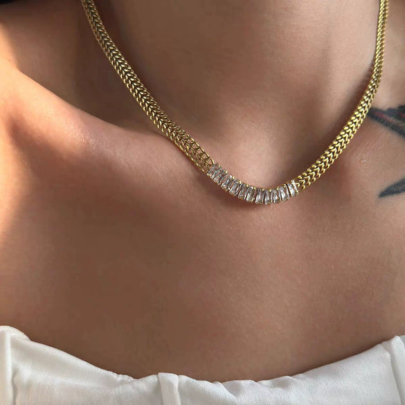 Titanium Steel Double Layer Inlaid Zirconium U Shaped Clavicle Chain With Cuban Chain Stitching Zir Pendant Electroplated Retro Fashion Accessory