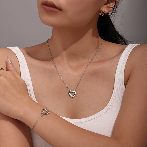 316L Stainless Steel Double Layer Love Inlaid Zircon Clavicle Necklace Bracelet Pvd Gold Plated Niche Style