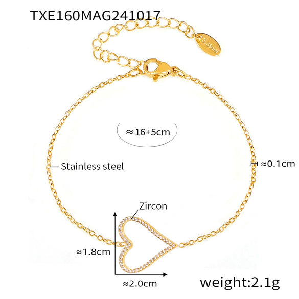 316L Stainless Steel Double Layer Love Inlaid Zircon Clavicle Necklace Bracelet Pvd Gold Plated Niche Style