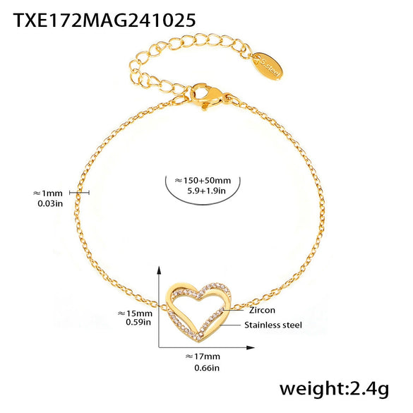 316L Stainless Steel Double Layer Love Inlaid Zircon Clavicle Necklace Bracelet Pvd Gold Plated Niche Style